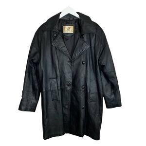 Vintage Genuine Leather Double Breasted Black Coat Long Jacket Biker Blazer  XL